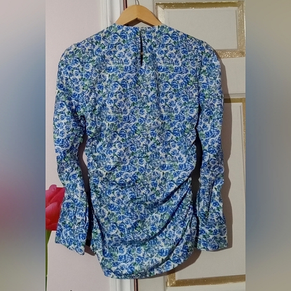 ZARA🐞Ruched Blue Floral Cotton Long Sleeve Blouse Sz: S - Picture 7 of 12
